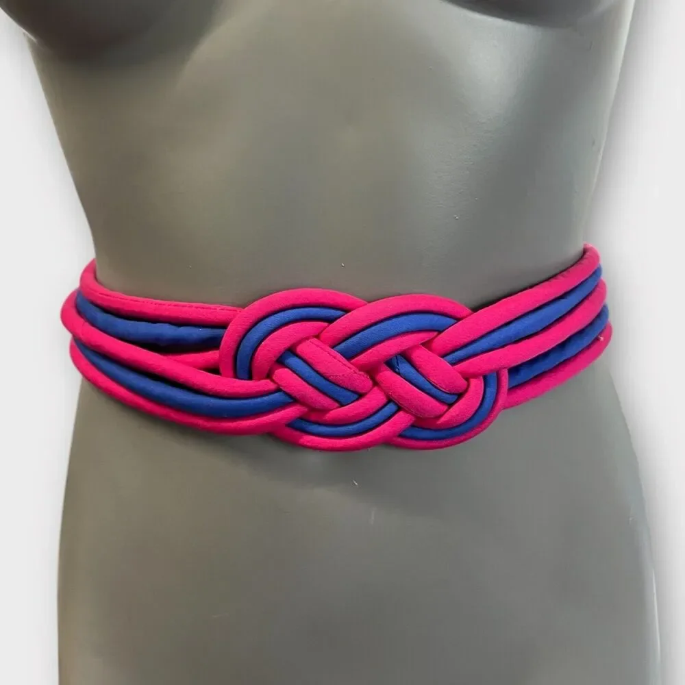Vintage 80s Bright Braided Fabric Belt Adjustable Blue Pink‎ Woven Tie SM-MD